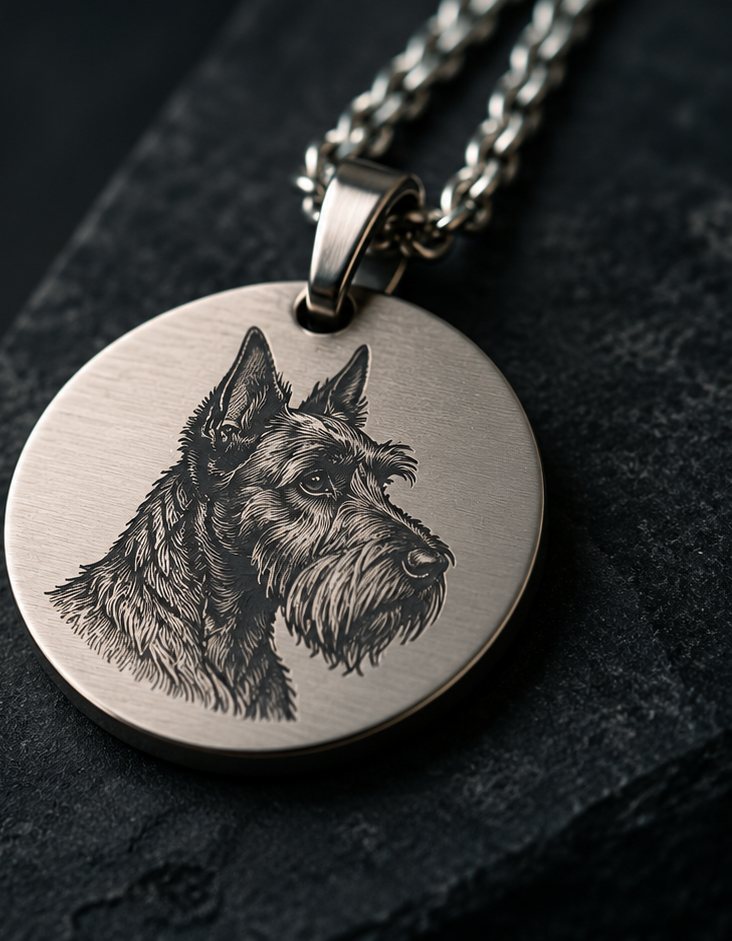 Concept rendering of a engraved metal pendant on a chain, illustrating the kind of personalized engraving Etchivo plans to offer.